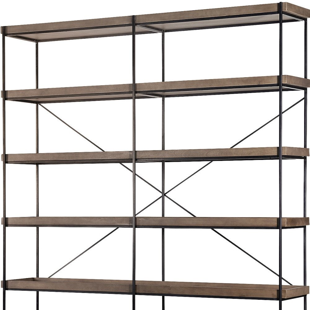 88" Black And Brown Iron and Wood Five Tier Bookcase — view 8