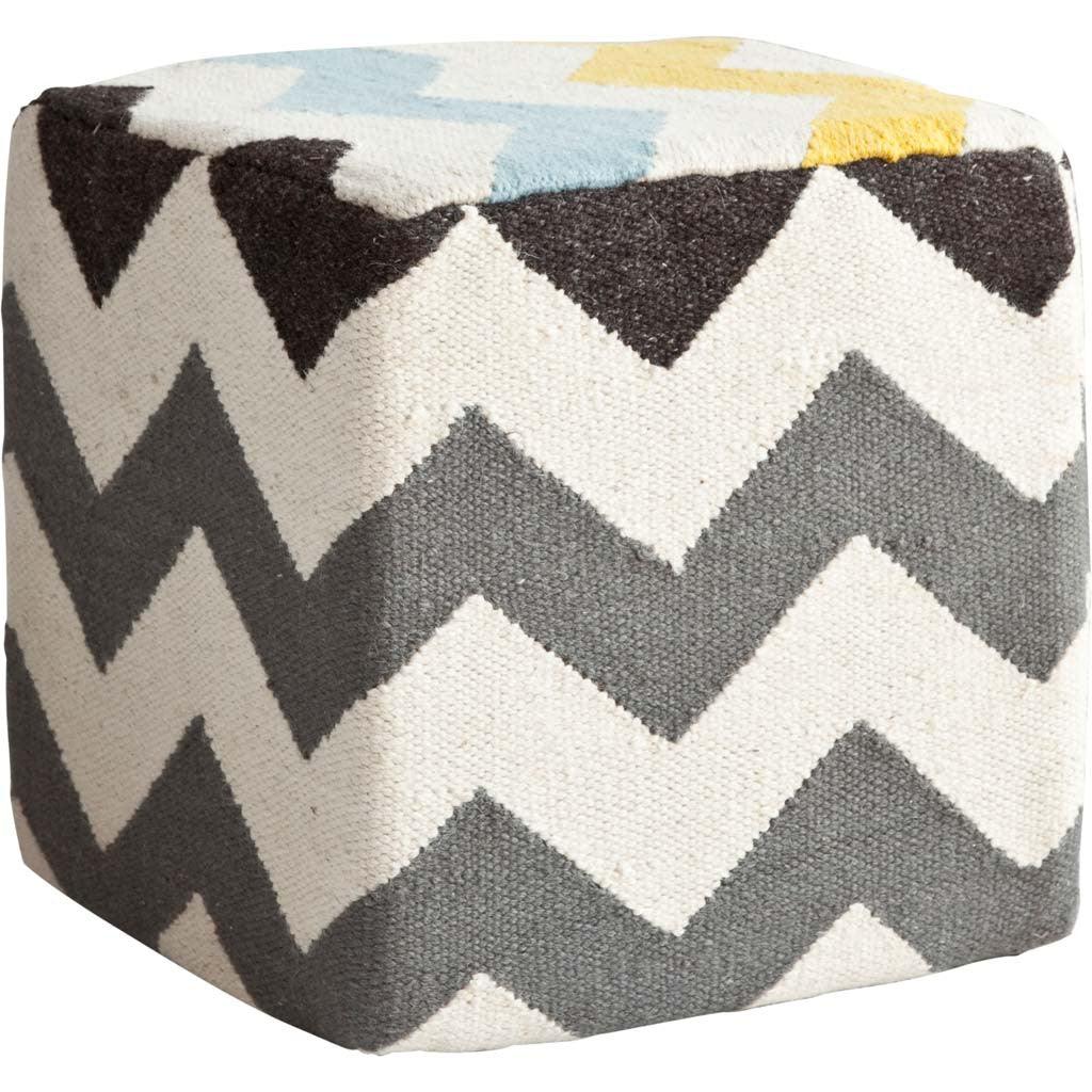 Ivory And Charcoal Wool Square Pouf With Zig Zag Pattern - FurniFindUSA