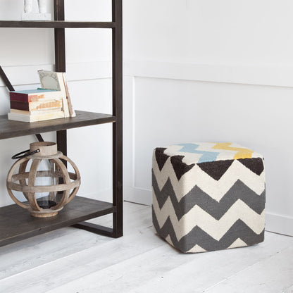 Ivory And Charcoal Wool Square Pouf With Zig Zag Pattern - FurniFindUSA