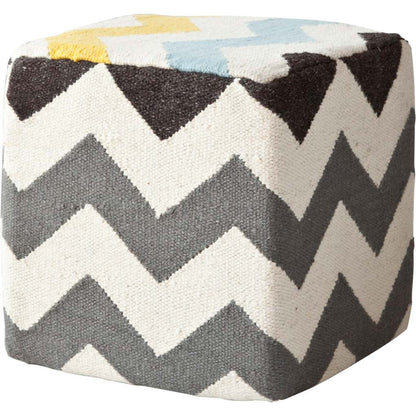 Ivory And Charcoal Wool Square Pouf With Zig Zag Pattern - FurniFindUSA