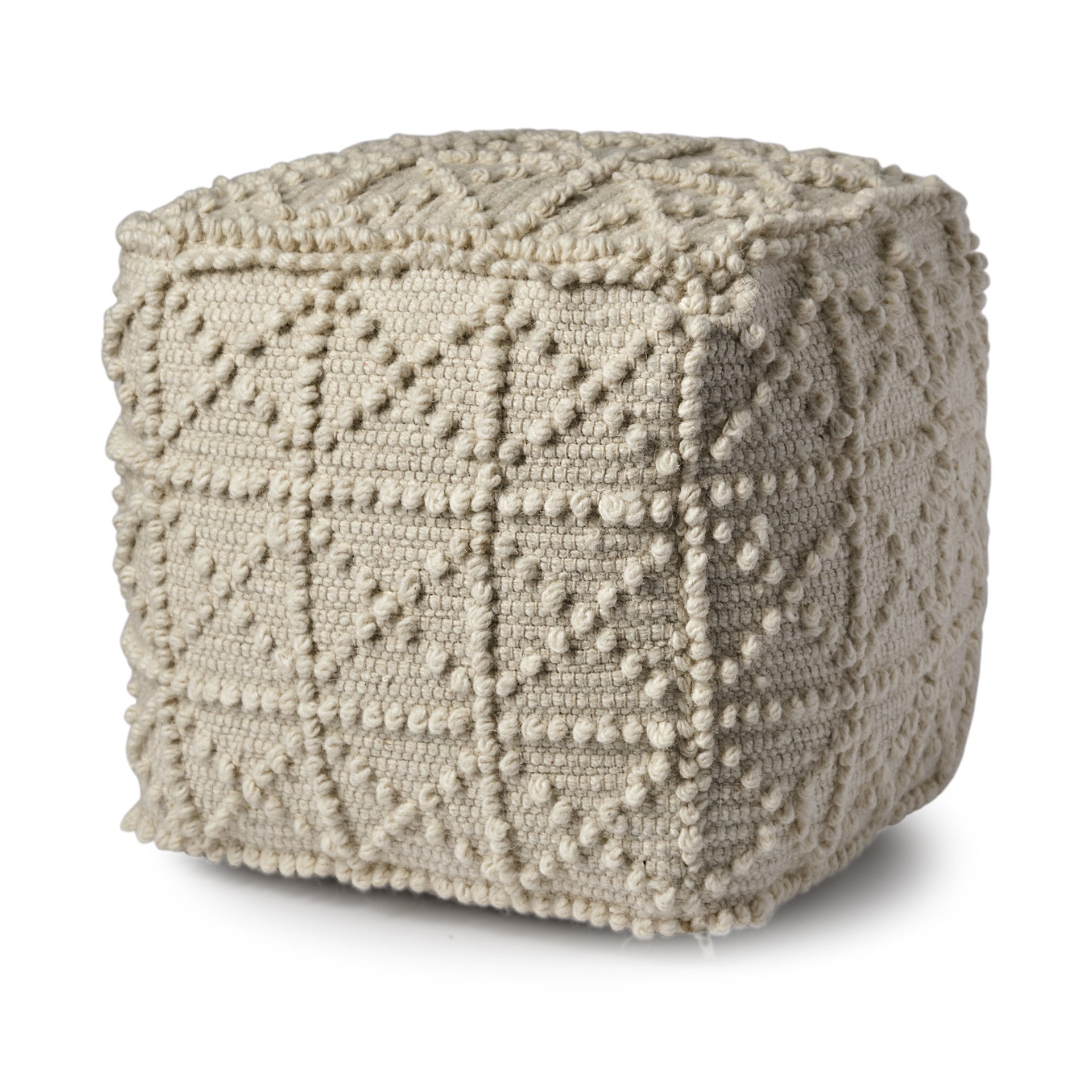 18" Ivory Wool Knubby Geometric Cube Pouf Ottoman HomeRoots