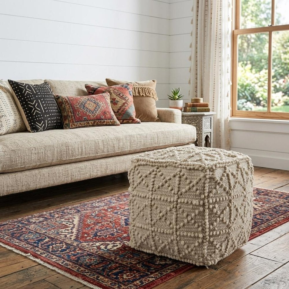 18" Ivory Wool Knubby Geometric Cube Pouf Ottoman HomeRoots