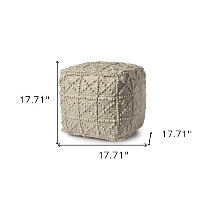 18" Ivory Wool Knubby Geometric Cube Pouf Ottoman HomeRoots
