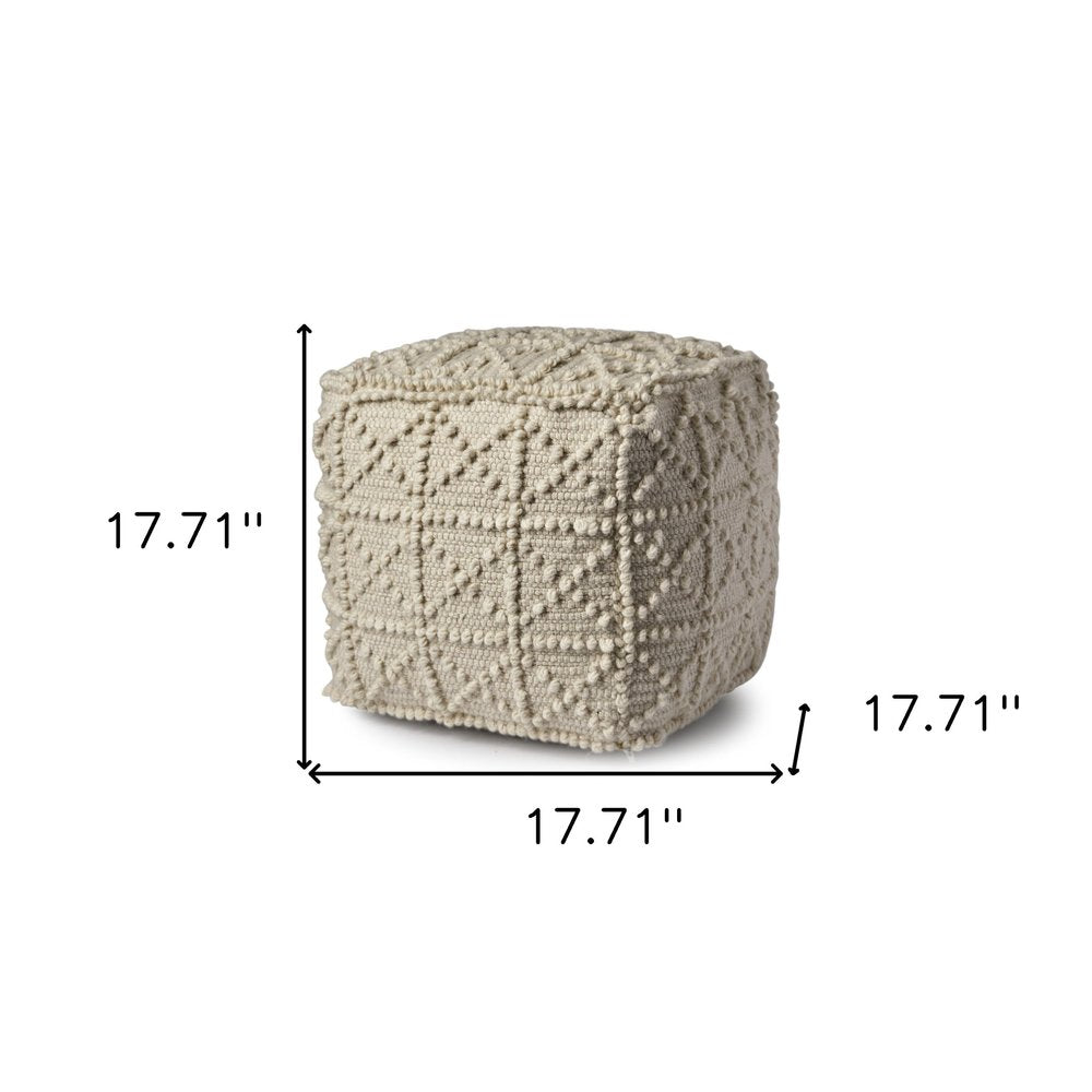 18" Ivory Wool Knubby Geometric Cube Pouf Ottoman HomeRoots