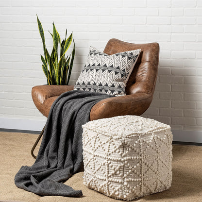 18" Ivory Wool Knubby Geometric Cube Pouf Ottoman HomeRoots