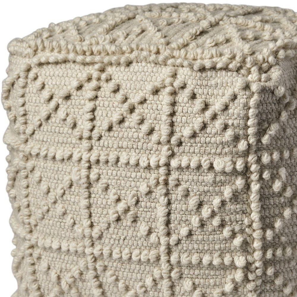 18" Ivory Wool Knubby Geometric Cube Pouf Ottoman HomeRoots