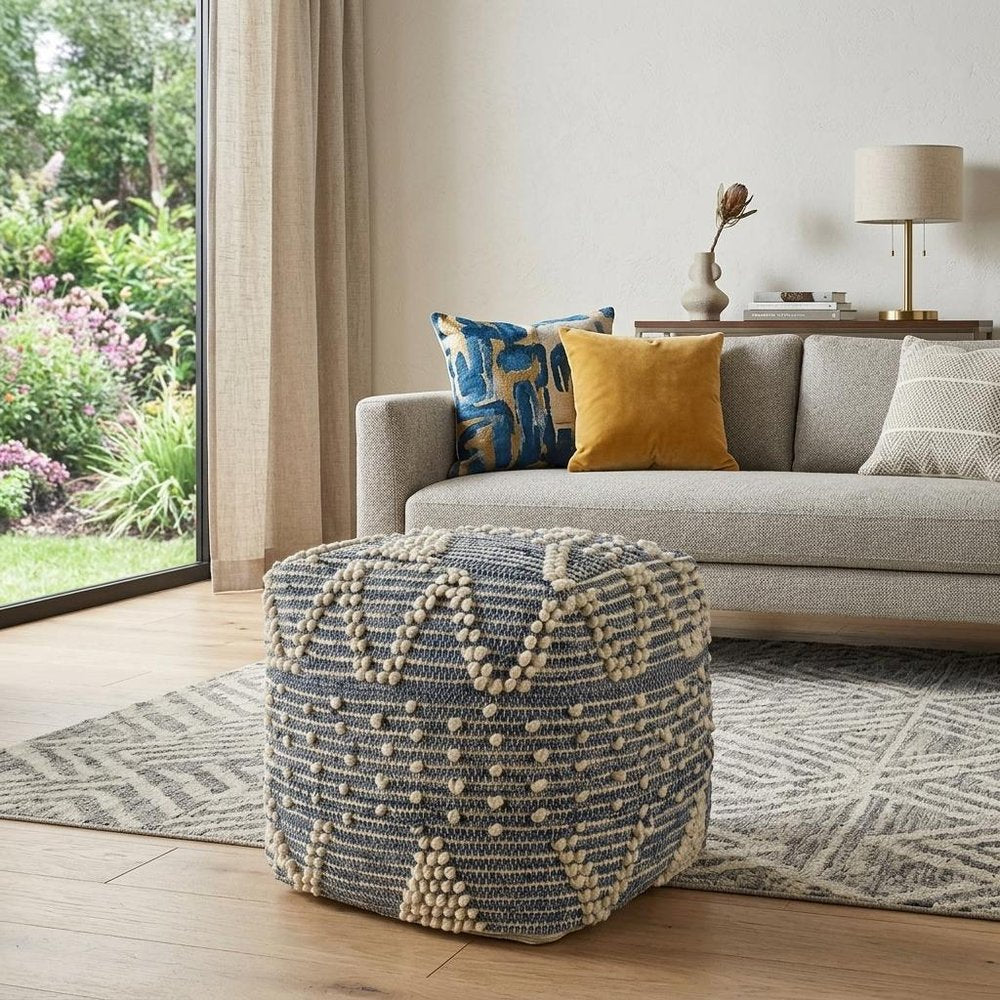 18" Blue Geometric Pouf Ottoman HomeRoots