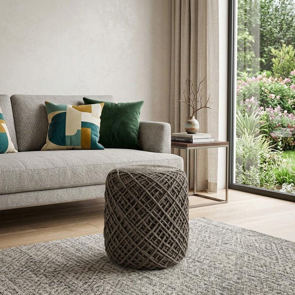 16" Brown Upholstery Cylinder Abstract Pouf Ottoman HomeRoots