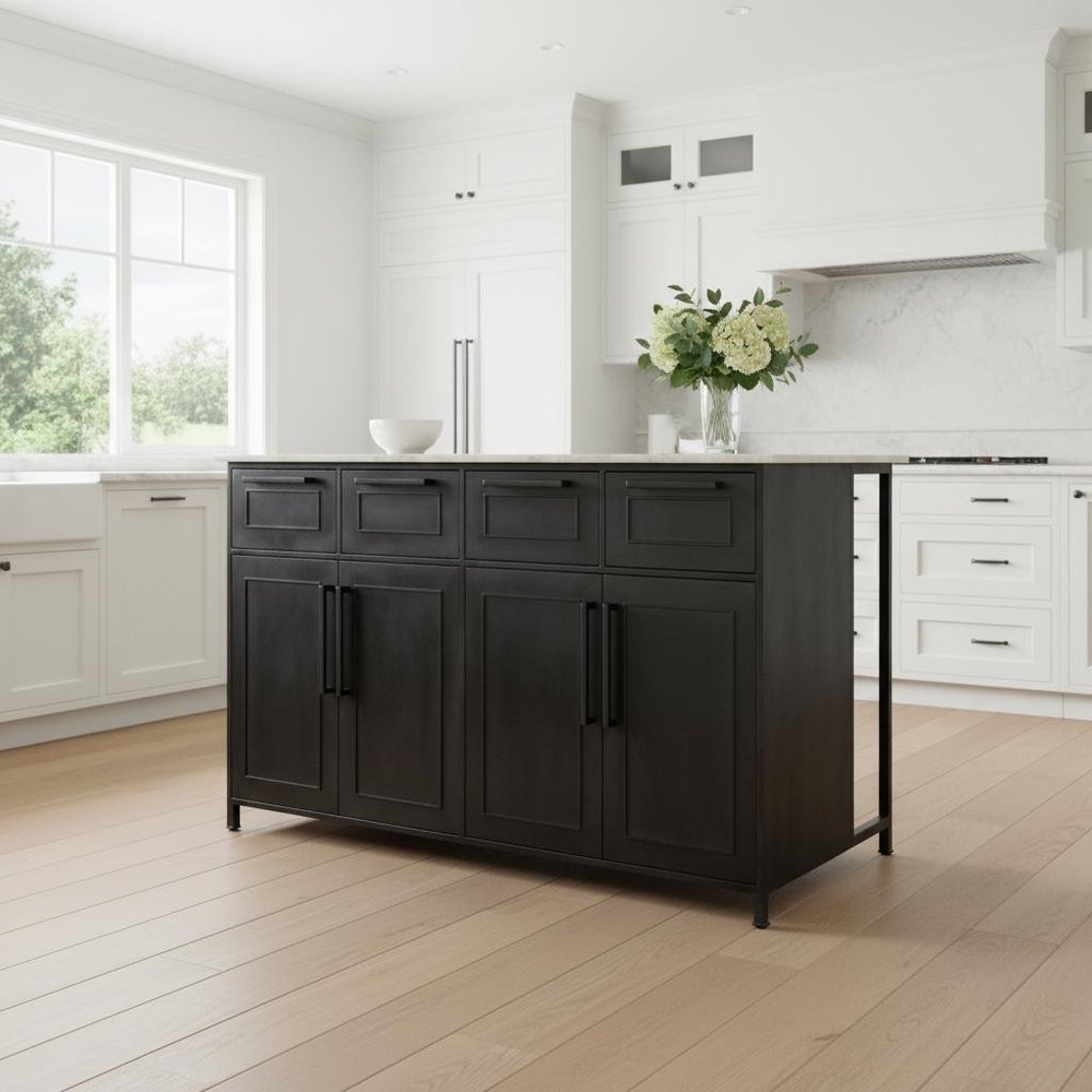 Solid Iron Black Body White Marble Top Kitchen Island With 4 Drawer HomeRoots