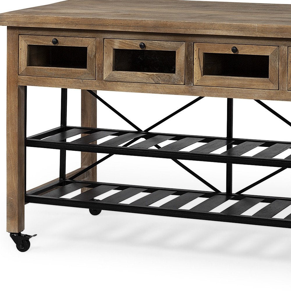 Brown Solid Wood Top Kitchen Island With Two Tier Black Metal Rolling — view 10