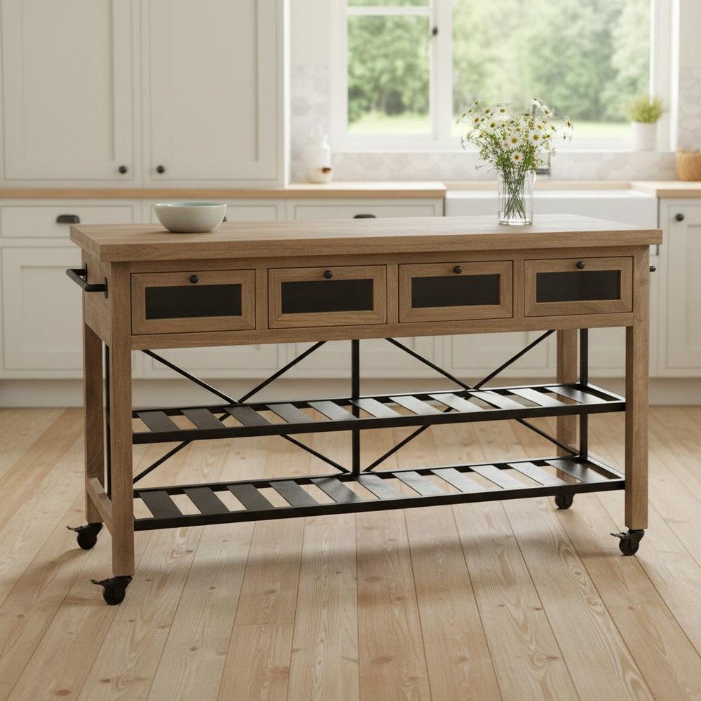 Brown Solid Wood Top Kitchen Island With Two Tier Black Metal Rolling HomeRoots