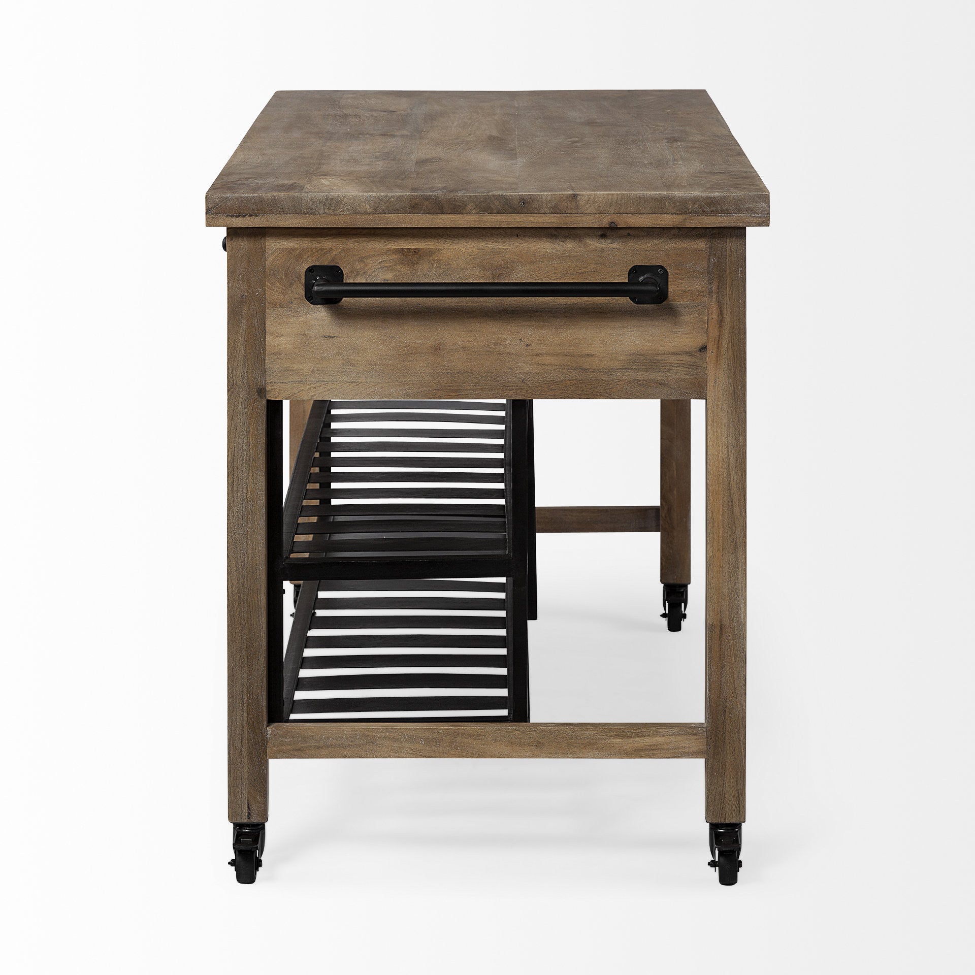 Brown Solid Wood Top Kitchen Island With Two Tier Black Metal Rolling HomeRoots