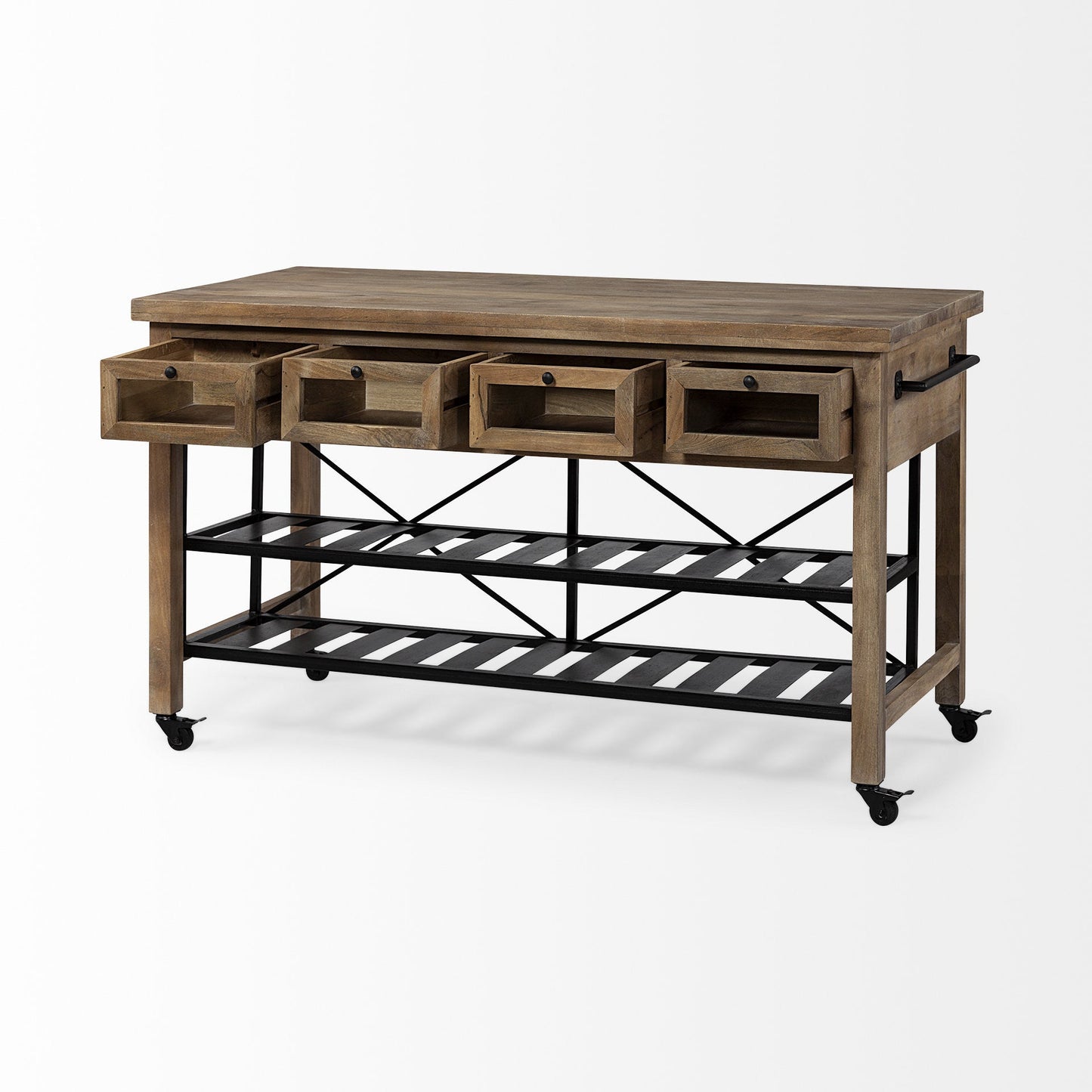 Brown Solid Wood Top Kitchen Island With Two Tier Black Metal Rolling HomeRoots