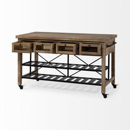 Brown Solid Wood Top Kitchen Island With Two Tier Black Metal Rolling HomeRoots