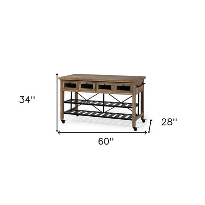 Brown Solid Wood Top Kitchen Island With Two Tier Black Metal Rolling HomeRoots