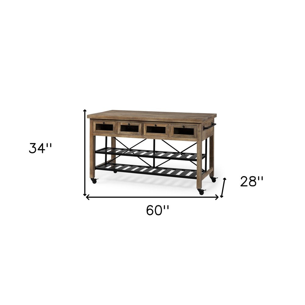 Brown Solid Wood Top Kitchen Island With Two Tier Black Metal Rolling HomeRoots