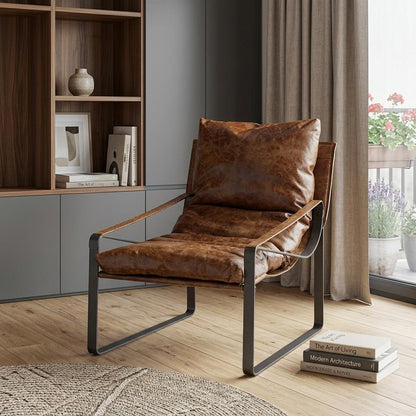 35" Brown and Black Leather Distressed Lounge Chair HomeRoots
