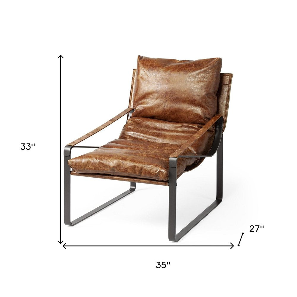 35" Brown and Black Leather Distressed Lounge Chair HomeRoots