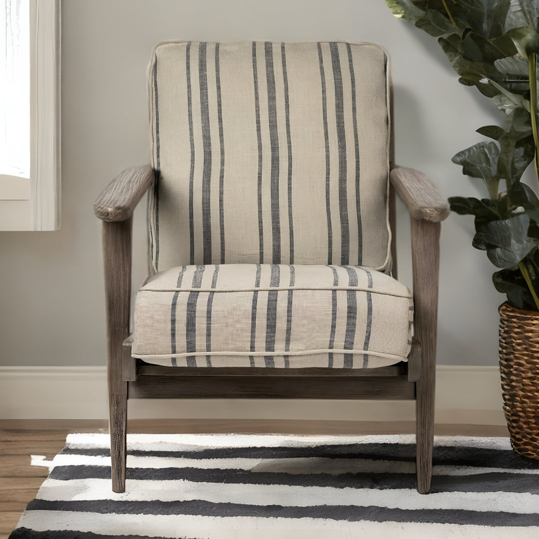 Striped Light Brown Fabric Wrapped Accent Chair With Wooden Frame