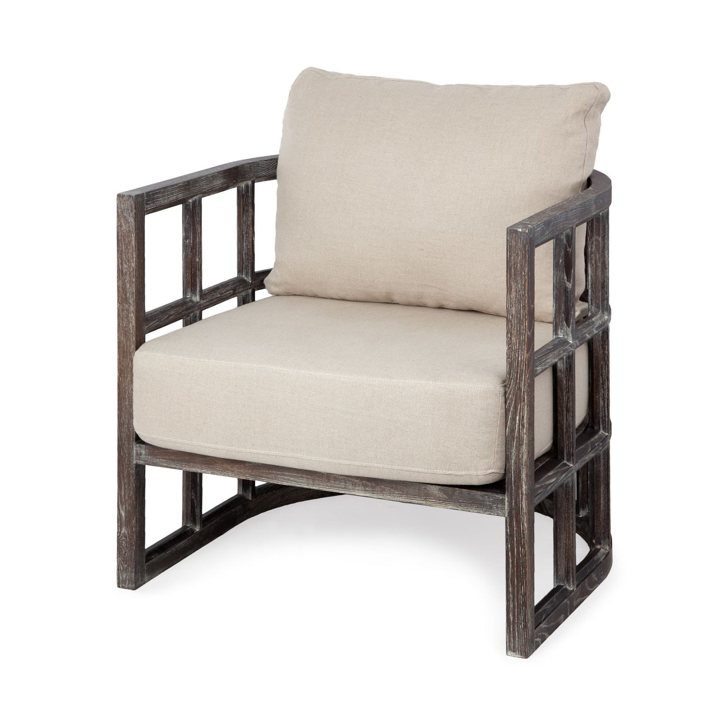 30" Cream And Brown Fabric Distressed Barrel Chair