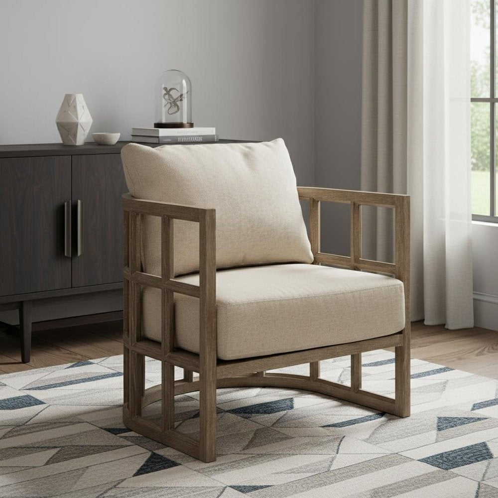 30" Cream and Brown Fabric Arm Chair HomeRoots