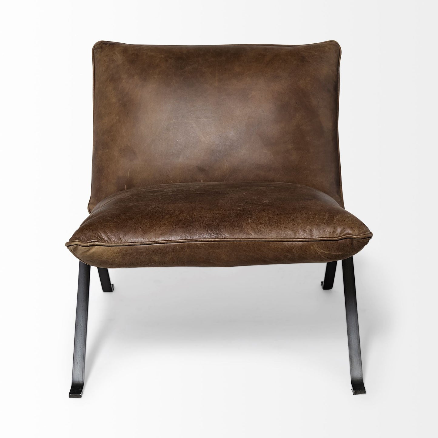 34" Brown and Black Top Grain Leather Distressed Slipper Chair HomeRoots