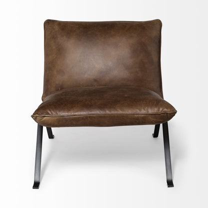 34" Brown and Black Top Grain Leather Distressed Slipper Chair HomeRoots