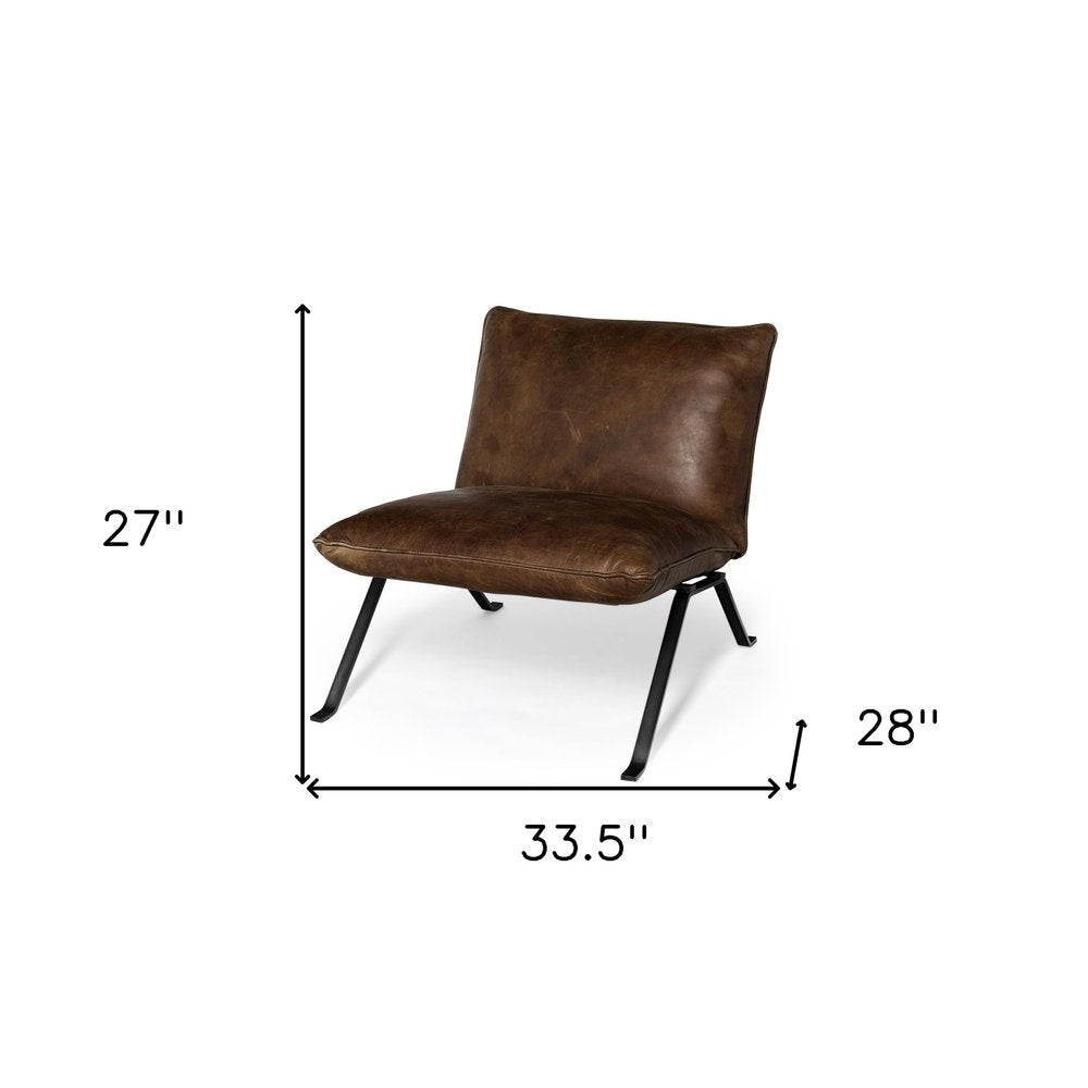 34" Brown and Black Top Grain Leather Distressed Slipper Chair HomeRoots