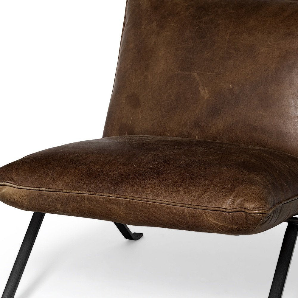 34" Brown and Black Top Grain Leather Distressed Slipper Chair HomeRoots