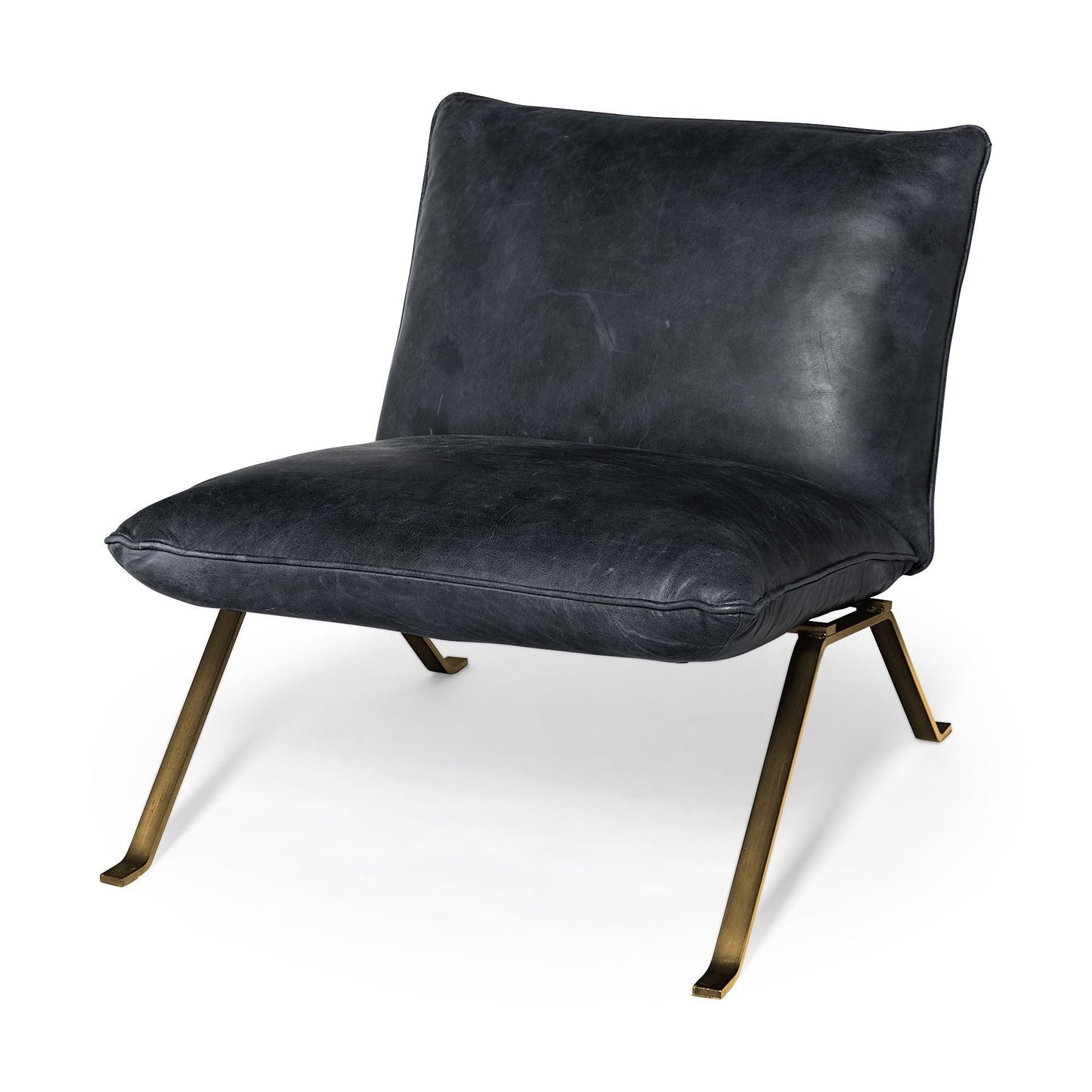 34" Black and Brass Top Grain Leather Distressed Slipper Chair HomeRoots