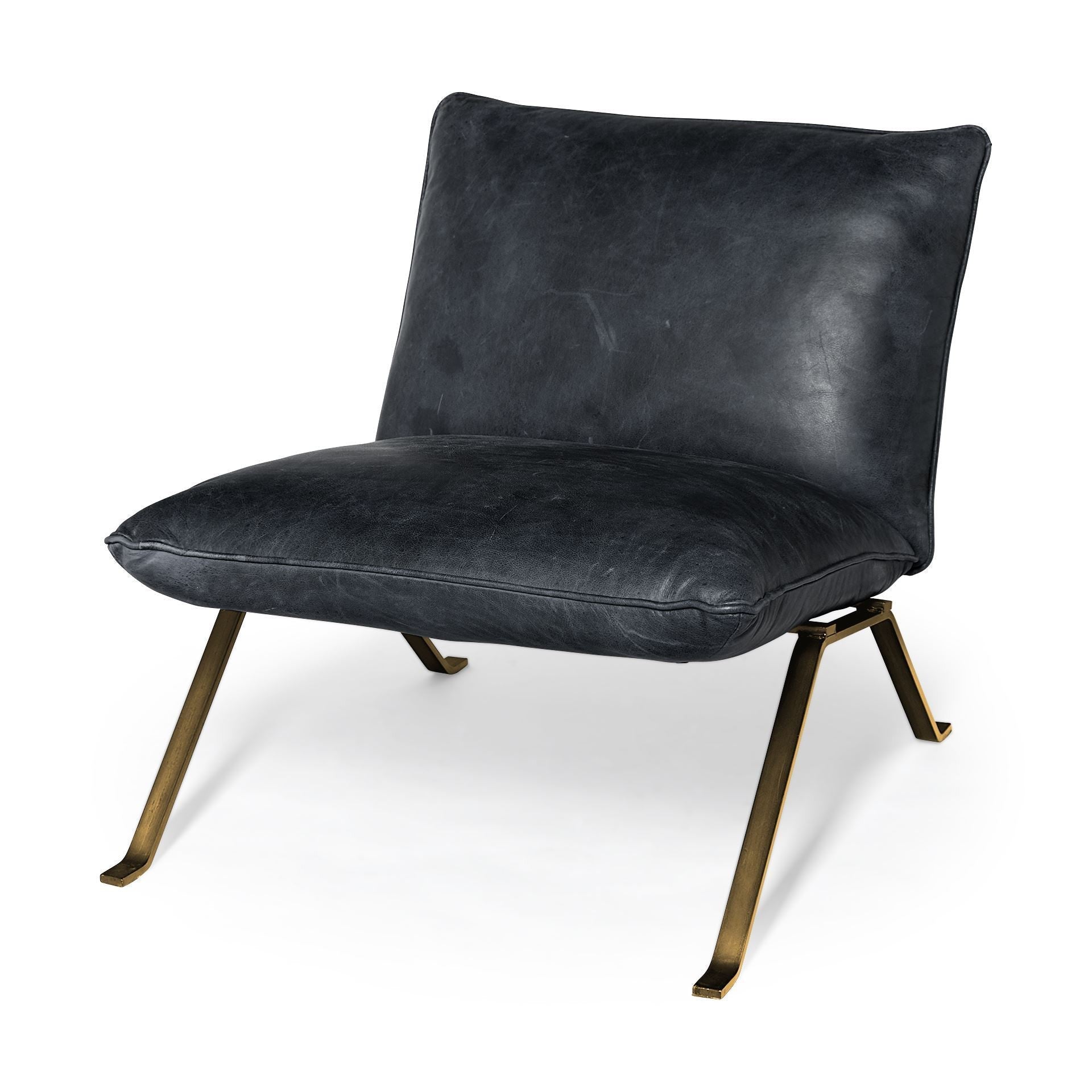 34" Black and Brass Top Grain Leather Distressed Slipper Chair HomeRoots