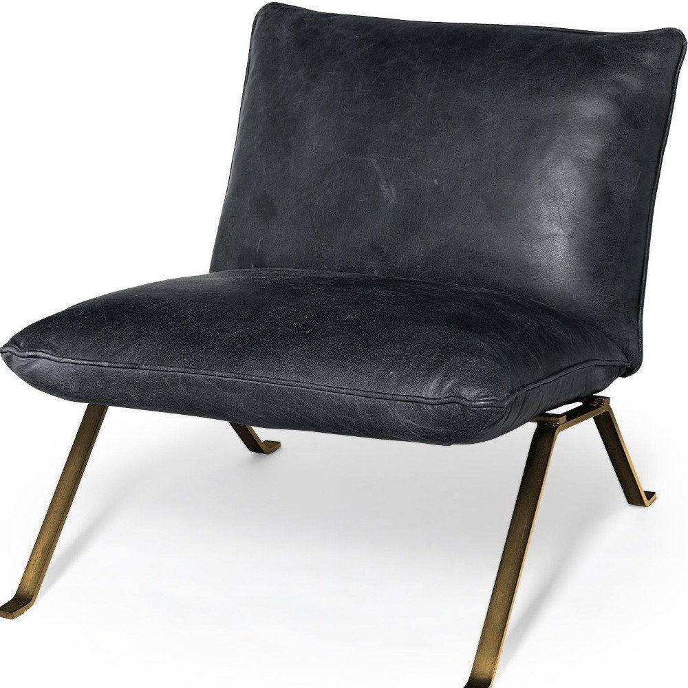 34" Black and Brass Top Grain Leather Distressed Slipper Chair HomeRoots