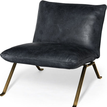 34" Black and Brass Top Grain Leather Distressed Slipper Chair HomeRoots