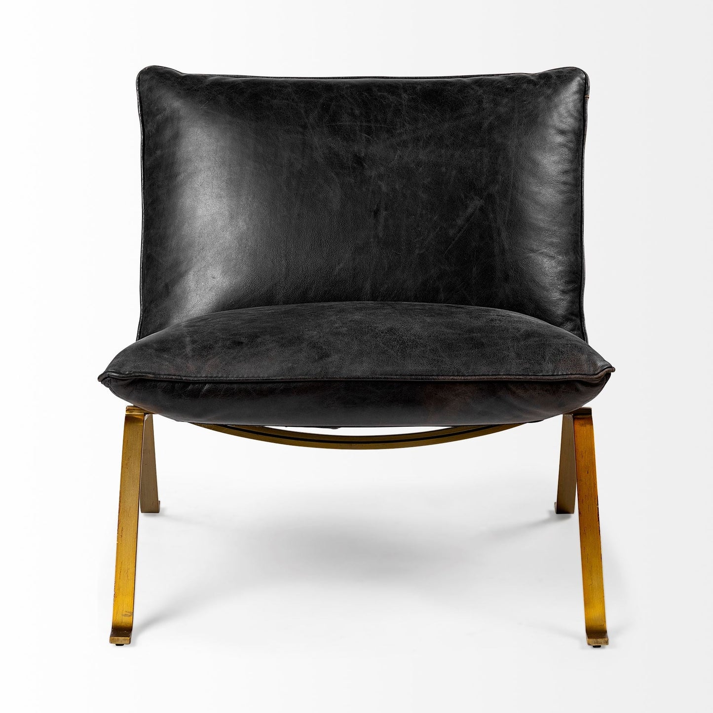 34" Black and Brass Top Grain Leather Distressed Slipper Chair HomeRoots