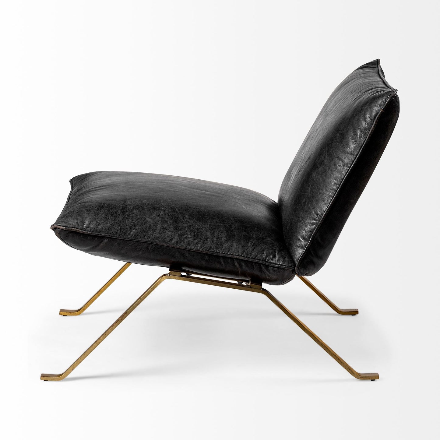 34" Black and Brass Top Grain Leather Distressed Slipper Chair HomeRoots