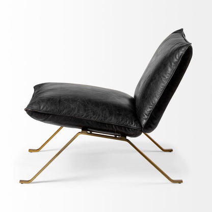 34" Black and Brass Top Grain Leather Distressed Slipper Chair HomeRoots