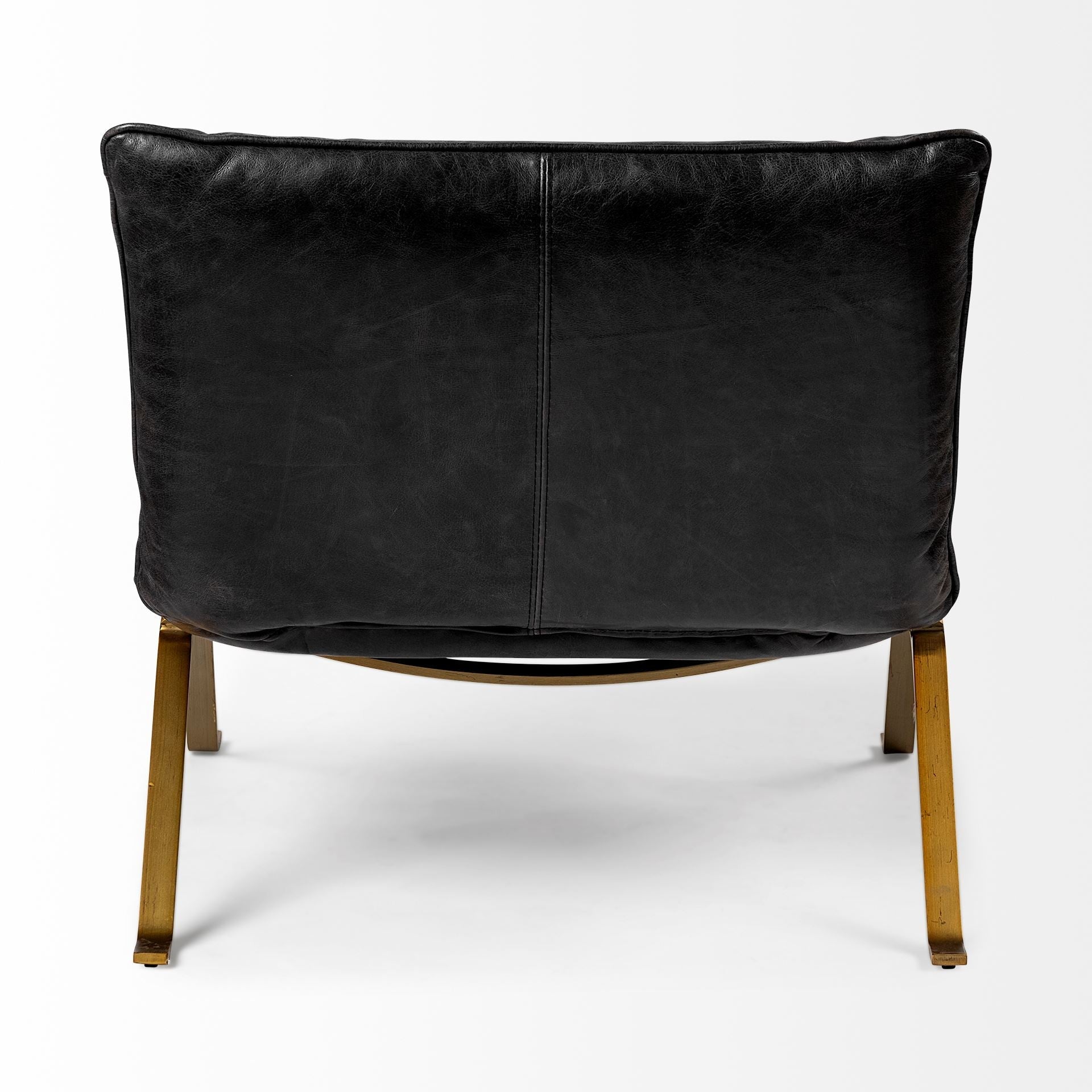 34" Black and Brass Top Grain Leather Distressed Slipper Chair HomeRoots
