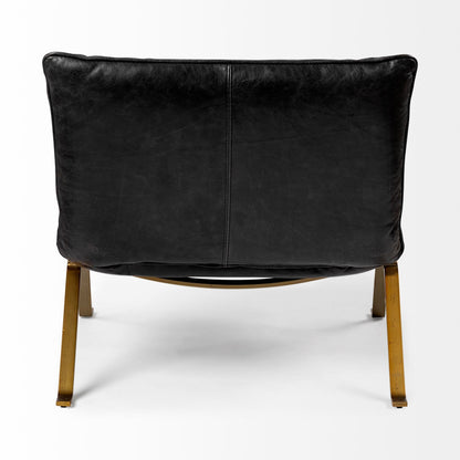 34" Black and Brass Top Grain Leather Distressed Slipper Chair HomeRoots