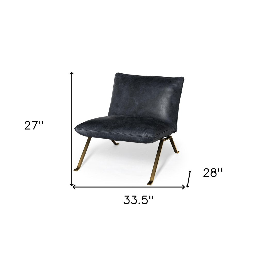 34" Black and Brass Top Grain Leather Distressed Slipper Chair HomeRoots
