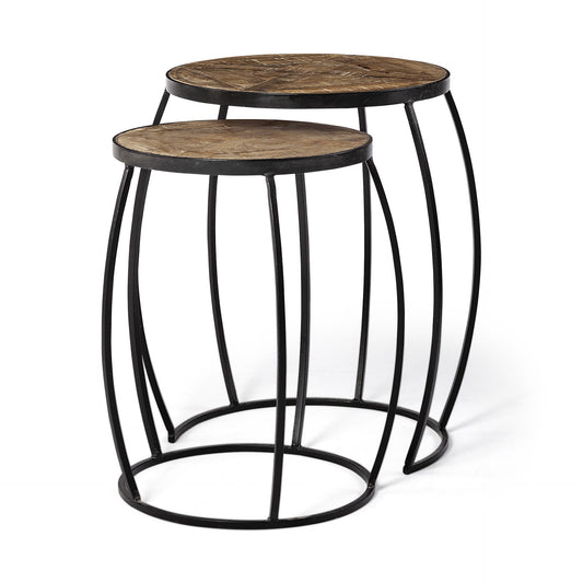 Set of Two 26" Black And Brown Solid Wood Round End Table