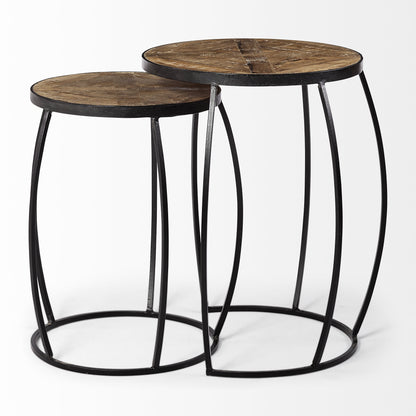 Set of Two 26" Black And Brown Solid Wood Round End Table