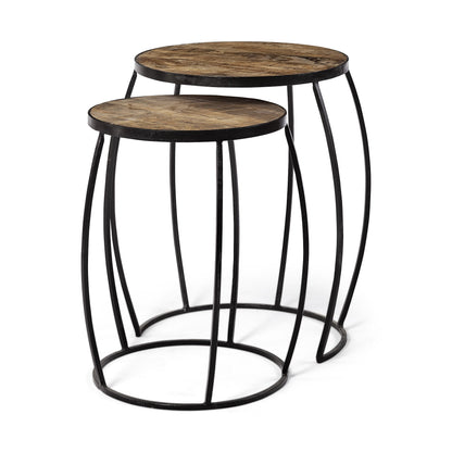 Set of Two 26" Black And Brown Solid Wood Round End Table HomeRoots