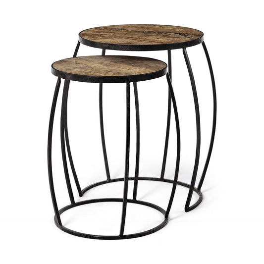 Set of Two 26" Black And Brown Solid Wood Round End Table HomeRoots