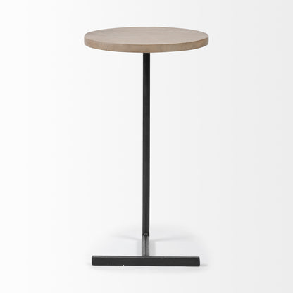 Brown Wood Round Top Accent Table With Black Iron Base