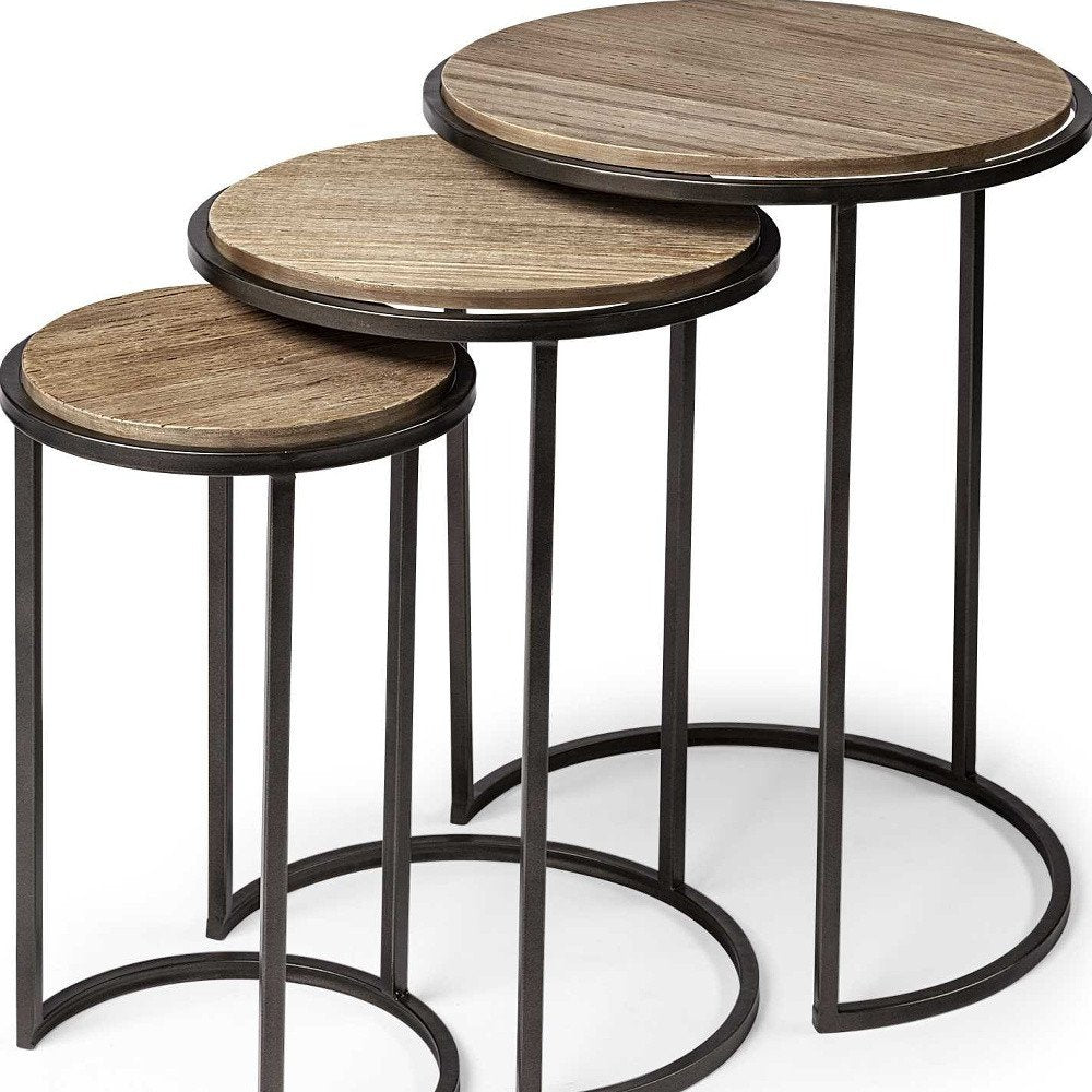 Set of Three 27" Black And Brown Solid Wood Round End Table — view 8