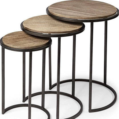 Set of Three 27" Black And Brown Solid Wood Round End Table HomeRoots