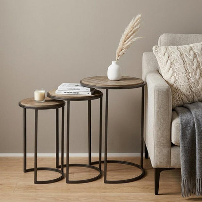 Set of Three 27" Black And Brown Solid Wood Round End Table HomeRoots