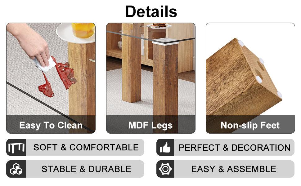 Modern minimalist rectangular dining table Glass desktop and wooden MDF table legs - FurniFindUSA