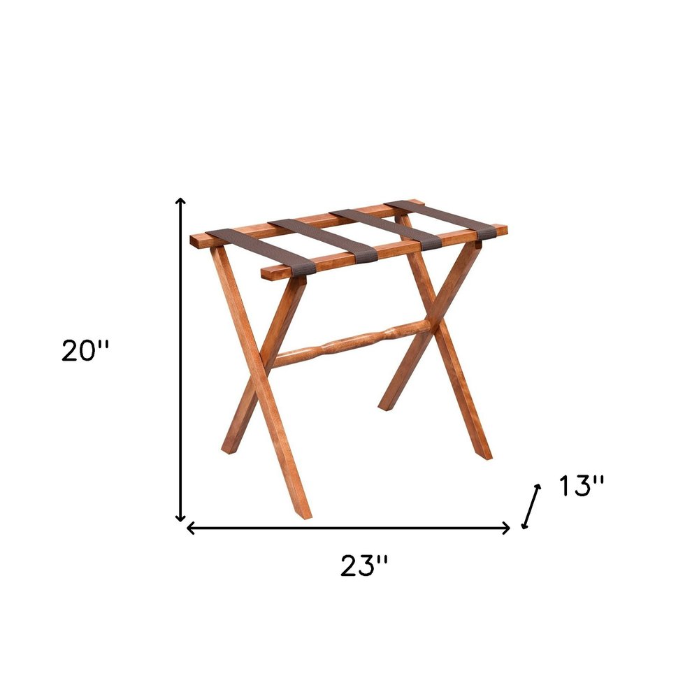 Hotel Light Walnut Folding Luggage Rack With Four Straps HomeRoots