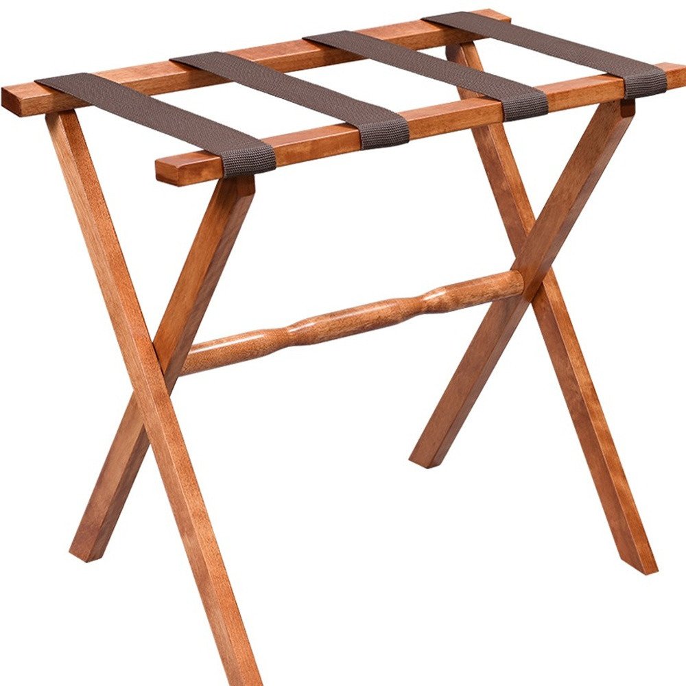 Hotel Light Walnut Folding Luggage Rack With Four Straps HomeRoots